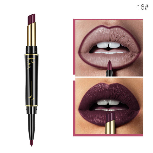 Pudaier Double Head Lipstick Lip Liner Pencils Makeup Waterproof Pigments Nude Color Nutritious With 3Pcs Guide Cards Gift TSLM2