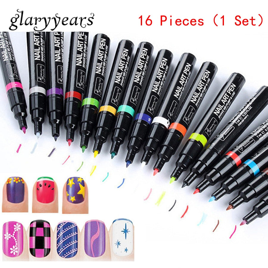 New 16 Pieces/set Nail Art Pen Beauty Women Manicures Tool Diy Polish Painting Drawing Non-Toxic Nail Care Art Pen 16 Colors 7ml